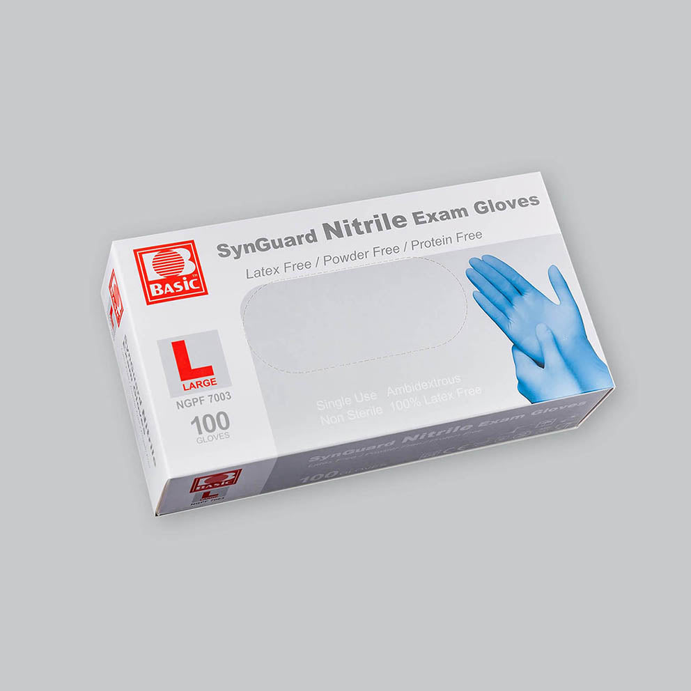 White box of blue Synguard nitrile gloves in size Large