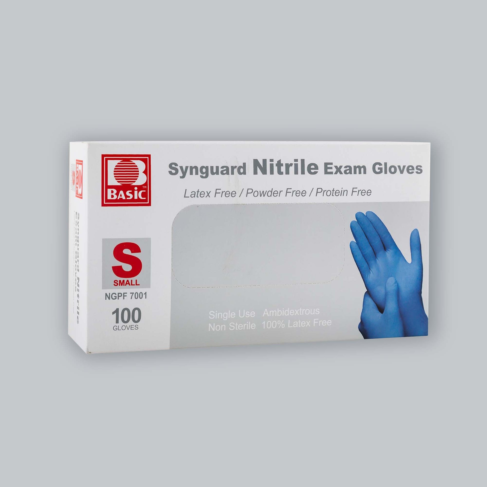 White box of blue Synguard nitrile gloves in size Small